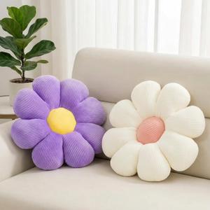 2 Pcs Purple White Flower Decorative Throw Pillows for Bed Couch Chair Sofa, 15.35" Cute Aesthetic Flower Daisy Shaped Throw Pillows for Bedroom Room Classroom Dorm Decor(White+Lavender, 15.35 Inch)