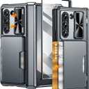 Caka for Galaxy Z Fold 6 Case with Card Holder Wallet & Slide Camera Cover & Screen Protector & Hinge Protection, Dual Layer PC & TPU Heavy Duty Rugged Phone Case for Samsung Galaxy Z Fold 6, Silver