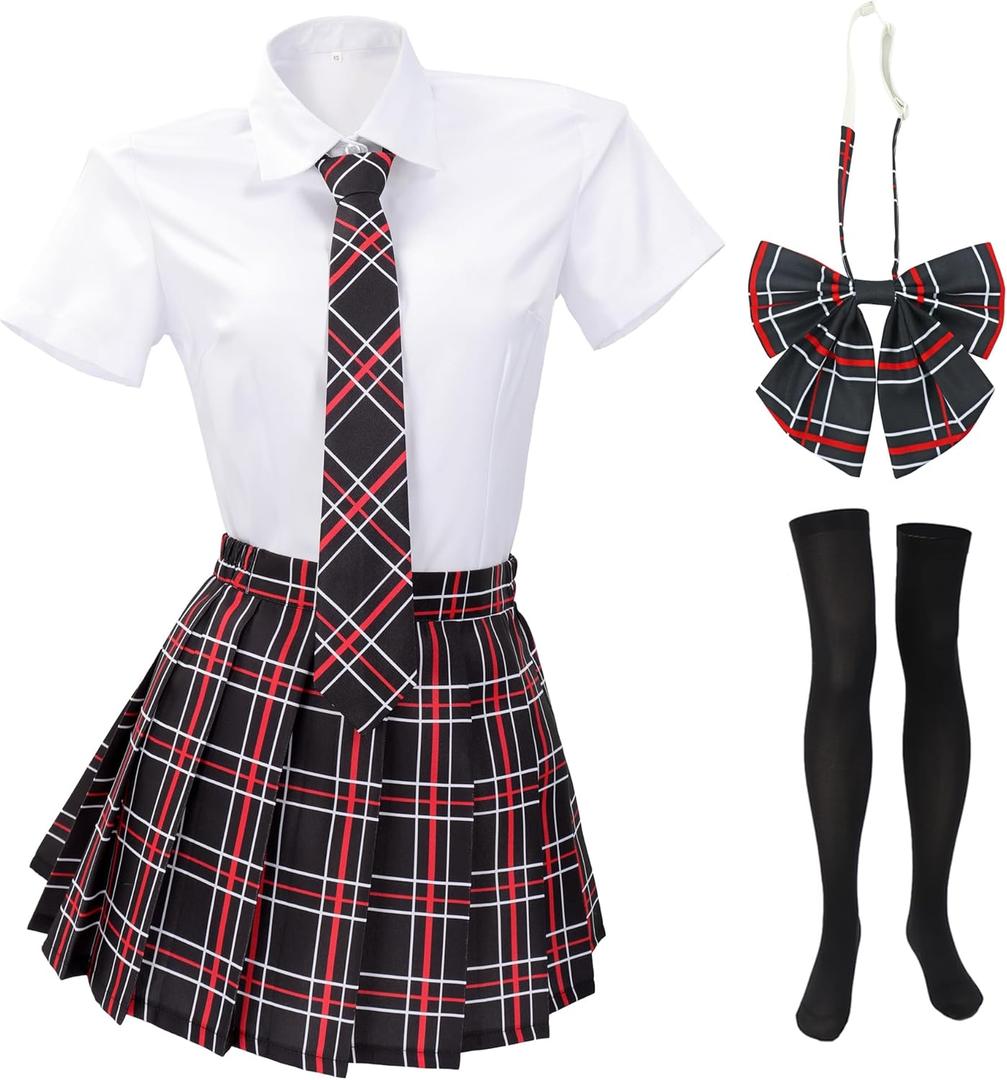 PROCOS Women Japanese Uniform Outfit US Size Costume with Plaid Bow Tie 5 PCS for Halloween (Large, Red Black Plaid)