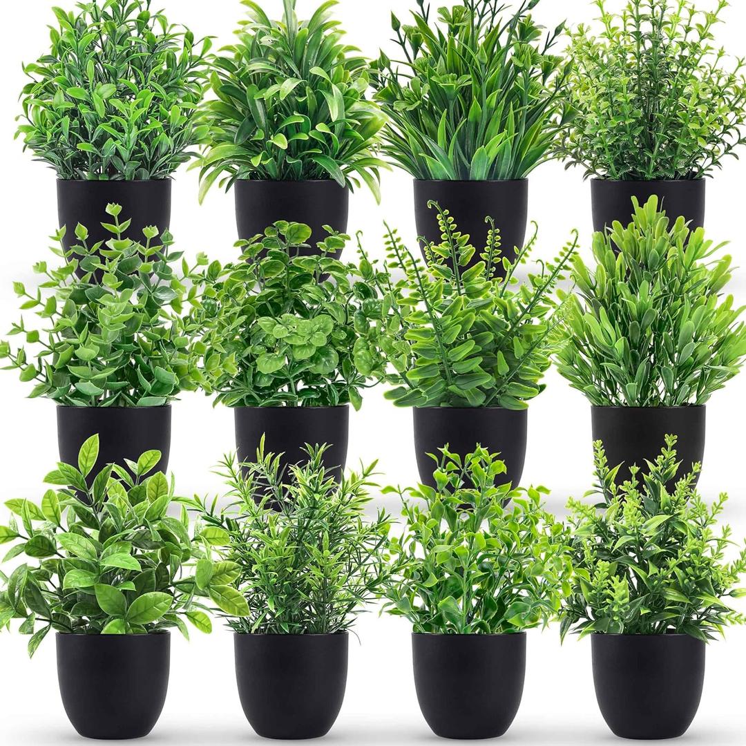 Der Rose Fake Plants 12 Pack Artificial Plants Small Faux Plants in Black Pot for Bathroom Home Office Table Decor Indoor (Green)