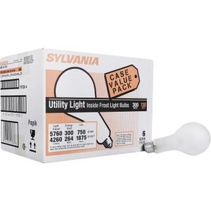 Sylvania Incandescent PS30 Utility Light Bulb, 300W, 5760 Lumens, 2850K, Frosted, Medium Base, 130 Volt, Commercial Value Pack - 6 Pack (15738)