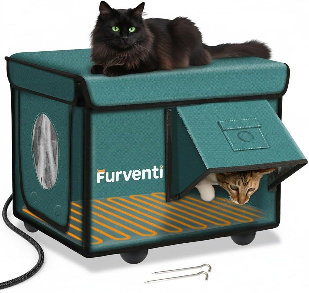 Heated Cat House for Outside with Dual Doors, Insulated Cat House Outdoor with Heating Pad, Weatherproof Heated Outdoor Cats Houses Waterrproof for Feral Cats (Deep Green, 17" L x 12" W x 13" H)