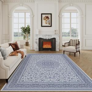 Floral Washable Area Rug 8x10, Spill-Proof Surface, Non-Slip Backing, Cozy Soft Faux Wool, Printed Rug for Living Room, Bedroom, Dining Room, Nursery - Ieve