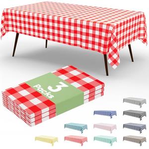 Smiry 3 Packs Gingham Disposable Table Cloth, 54 x 108 Inch Waterproof Plastic Tablecloth, Rectangle Red and White Checkered Table Covers for Picnic, Birthday, Party
