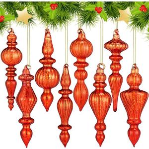 Mifoci 8 Pcs 6 Inch Mercury Glass Finial Christmas Ornaments Hanging Christmas Finials Glass Ornaments Assorted Mercury Decor for Vintage Holiday Xmas Tree Decoration , Copper Orange 