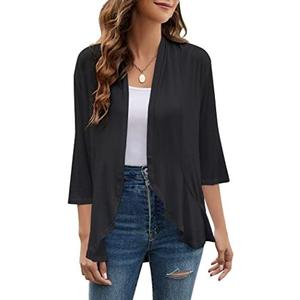 Yekaty Women Cardigan 3/4 Sleeves Open Front Lightweight Cardigan Draped Ruffles Knit Cardigan, L