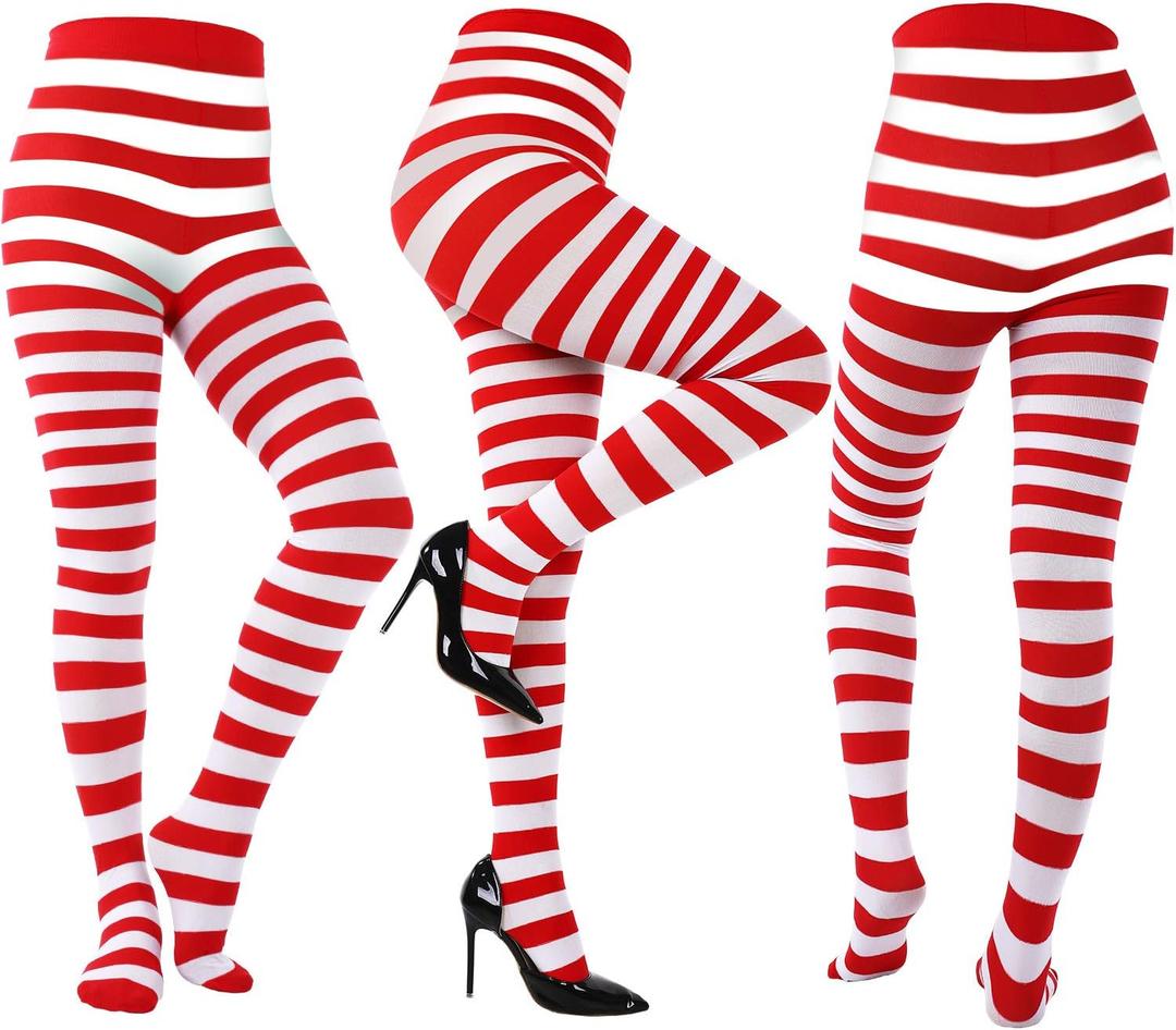 Sumind 3 Pairs Christmas Striped Tights for Women Red White Green Striped Stockings Elf Tights Halloween Cosplay Elf Costume (Classic)