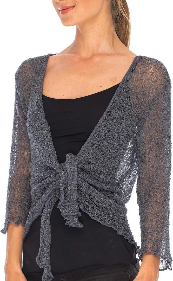 SHU-SHI Womens Sheer 3/4 Sleeve Shrug Lightweight Mesh Knit Dressy Summer Cover Up, Open Front or Tie (One Size, Gunmetal)