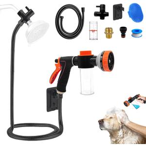 Dog Washing Hose Attachment for Pet Bathing with Black Shower Diverter, Pup Dog Wash Hose Nozzle Shampoo Sprayer for Indoor Outdoor Pet Shower, Dog Shower Attachment with Dog Brush