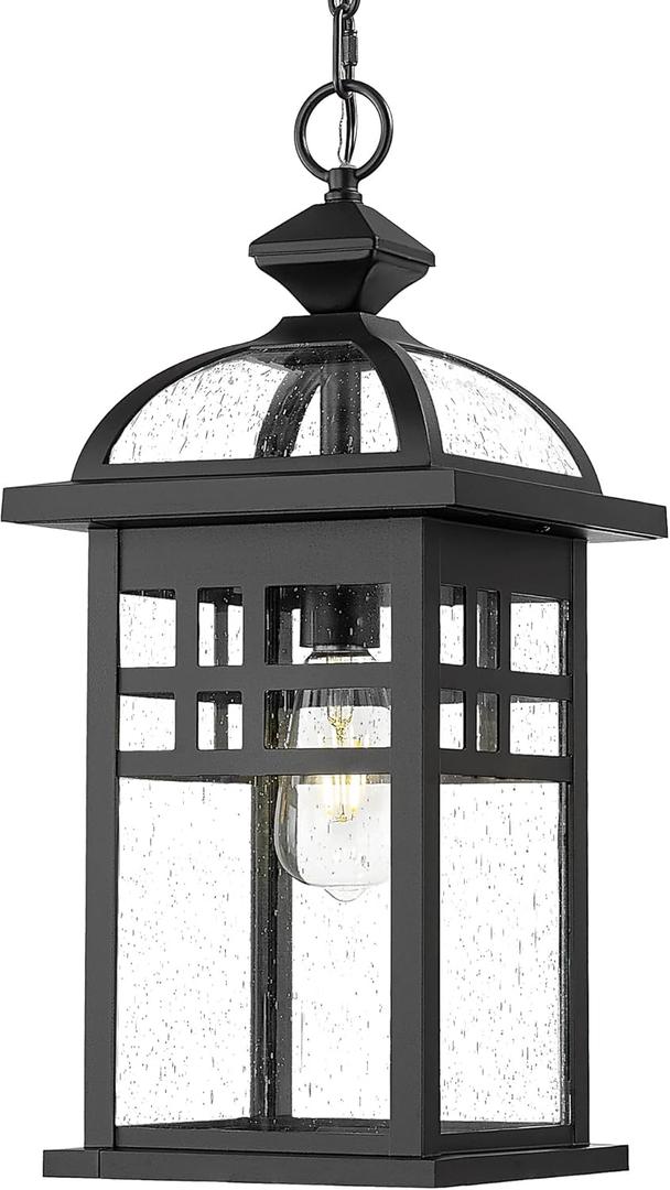 Emliviar 20 Inch Outdoor Pendant Light for Porch, Outdoor Chandelier for Porch, Die-Cast Aluminum with Seeded Glass, Black Finish, DE281H-M BK (Pendant Light - Large)