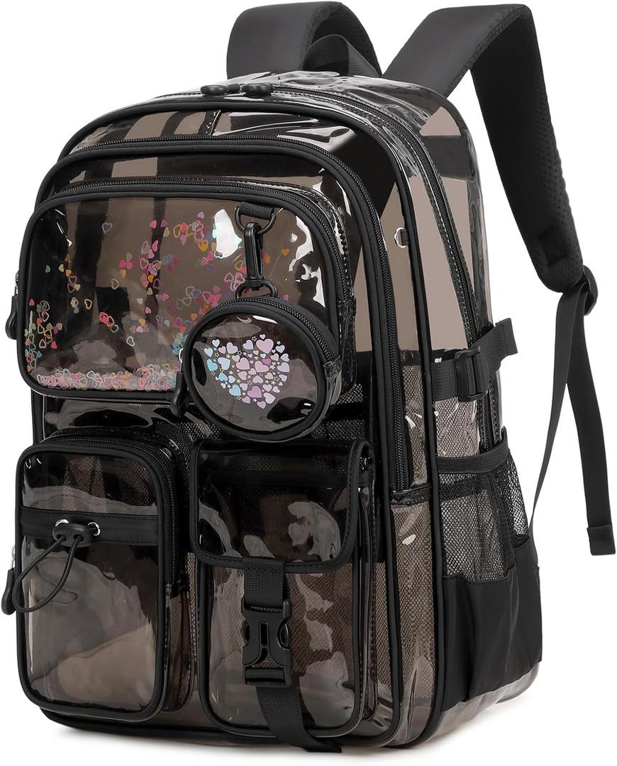 Clear Backpacks for Stadium Events Heavy Duty Clear Bookbag for School Girls Transparent Back Pack, Black Semitransparent