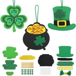 Tlswshsy 24 Pack St. Patrick's Day Rhinestone Foam Craft Kit, Shamrock Gold Coin Pot Hat DIY Ornament, Irish Foam Craft Decoration for Irish Home Party Decoration Supplies Classroom Crafts Project