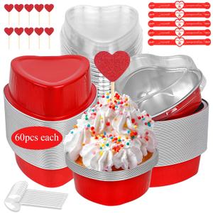 60 Pack Valentine's Heart Shaped Cake Pans  3.4oz Mini Aluminum Foil heart shape Cupcake pan with Lids, Spoons & Valentine Heart Stickers  Disposable Mothers Day Baking Tins Supplies for Gifts, Red