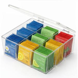 Tea Bag Organizer with Lid: Clear Acrylic Holder for Countertop Pantry, Stackable Drink Packet Storage Box - Tea Storage for 9 Types