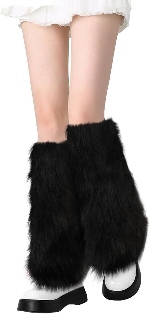 PHOGARY Faux Fur Fuzzy Leg Warmers Furry Boot Covers for Women Girls, Furry Boot Cuffs Fuzzy Shoes Cover Socks for Costumes (Black)