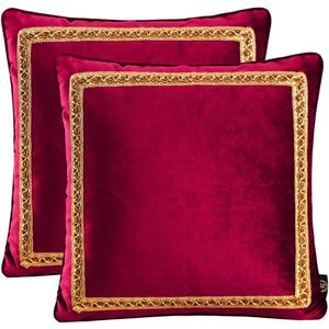 Decorative Velvet Throw Pillow Covers for Sofa Couch Bed Chair, Embroidery Pattern Design, Ruby Red, Pack of 2, 18x18 Inch
