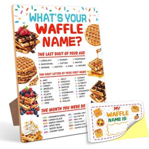 Waffle Decorations for Birthday Party Game, What is Your Waffle Name,68 Wooden Play Sign with Stand and 30 Name Stickers Set
