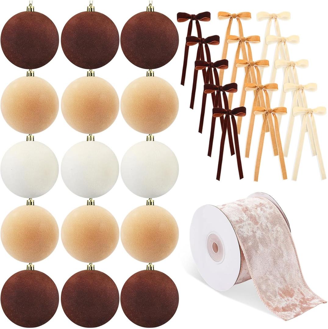 Syhood 15 Pcs 3.15" Christmas Velvet Balls Ornaments with 30 Flocked Bows 1 Vintage Ribbon Velvet Neutral Christmas Tree Decoration for Xmas Holiday Decor(Coffee/Khaki/White)