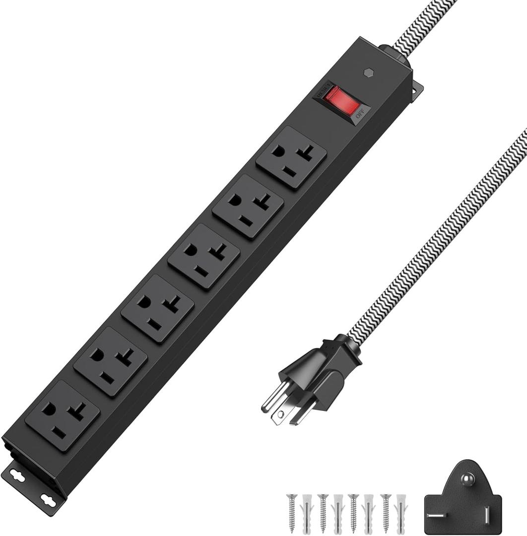 HEZI 20 Amp Power Strip with 5-20P/T- Plug, Heavy Duty High Amp Metal Surge Protector, Mountable Industrial Power Strip with 6AC Outlets(5-20R) and Circuit Breaker, 10FT 12AWG Extension Cord
