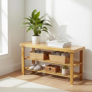 Sintuff 34.6 Inch 3-Tier Storage Bench Bamboo Entryway Storage Bench with Shelf Shoe Rack Organizer Seat Natural Wood Tone for Home Bedroom Living Room Dining Room Balcony, 34.65 x 17.52 x 10.43 inches