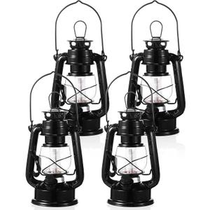 Hortsun 4 Pcs 8 Inch Vintage LED Hurricane Lantern Metal Black Outdoor Battery Operated Hanging Lantern with Warm LEDs and Dimmer Switch for Indoor Rustic Farmhouse Country Camping Decor