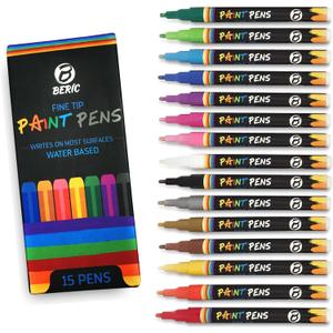Beric Premium Paint Pens 15 pack, Water-based, Marker, Fine Tip, Writes on Almost Anything, Water and Sun Resistant Vibrant Colors Low Odor Long Lasting, Fast Drying Assorted Colors