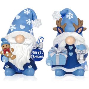 Menkxi 2 Pcs Winter Christmas Gnomes Figurines Rustic Scandinavian Nordic Elf Figurine Wooden Snowy Blue Gnome Tabletop Decoration Set for Winter Holiday Table Centerpieces Xmas Gift Party Supplies