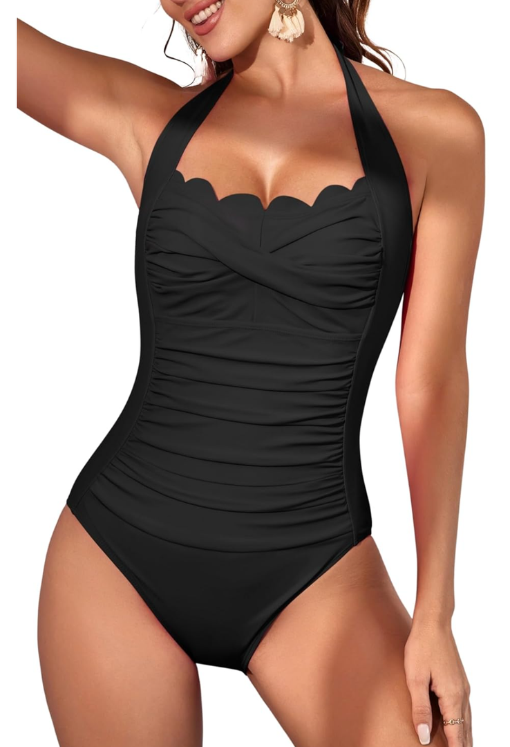 Eomenie Women One Piece Tummy Control Swimsuit Halter Scallop Trim Bathing Suits 1 Piece Vintage Ruched Slimming Swimwear L