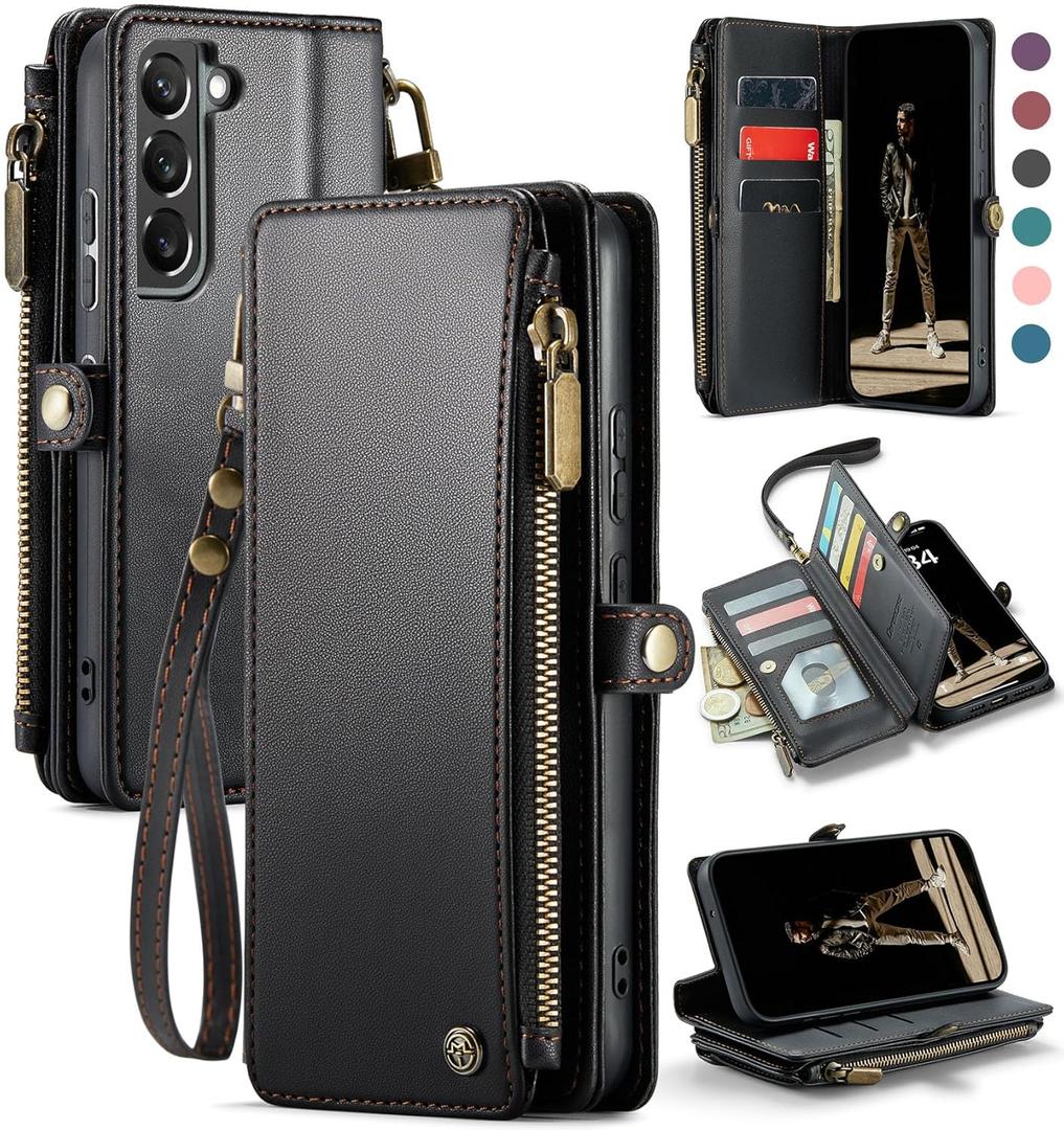 Defencase Compatible with Galaxy S21 FE 5G Case Wallet with RFID Blocking Card Holder for Women Men, PU Leather Magnetic Snap Flip Zipper Strap Phone Case Fit for Samsung Galaxy S21 FE 5G, Black