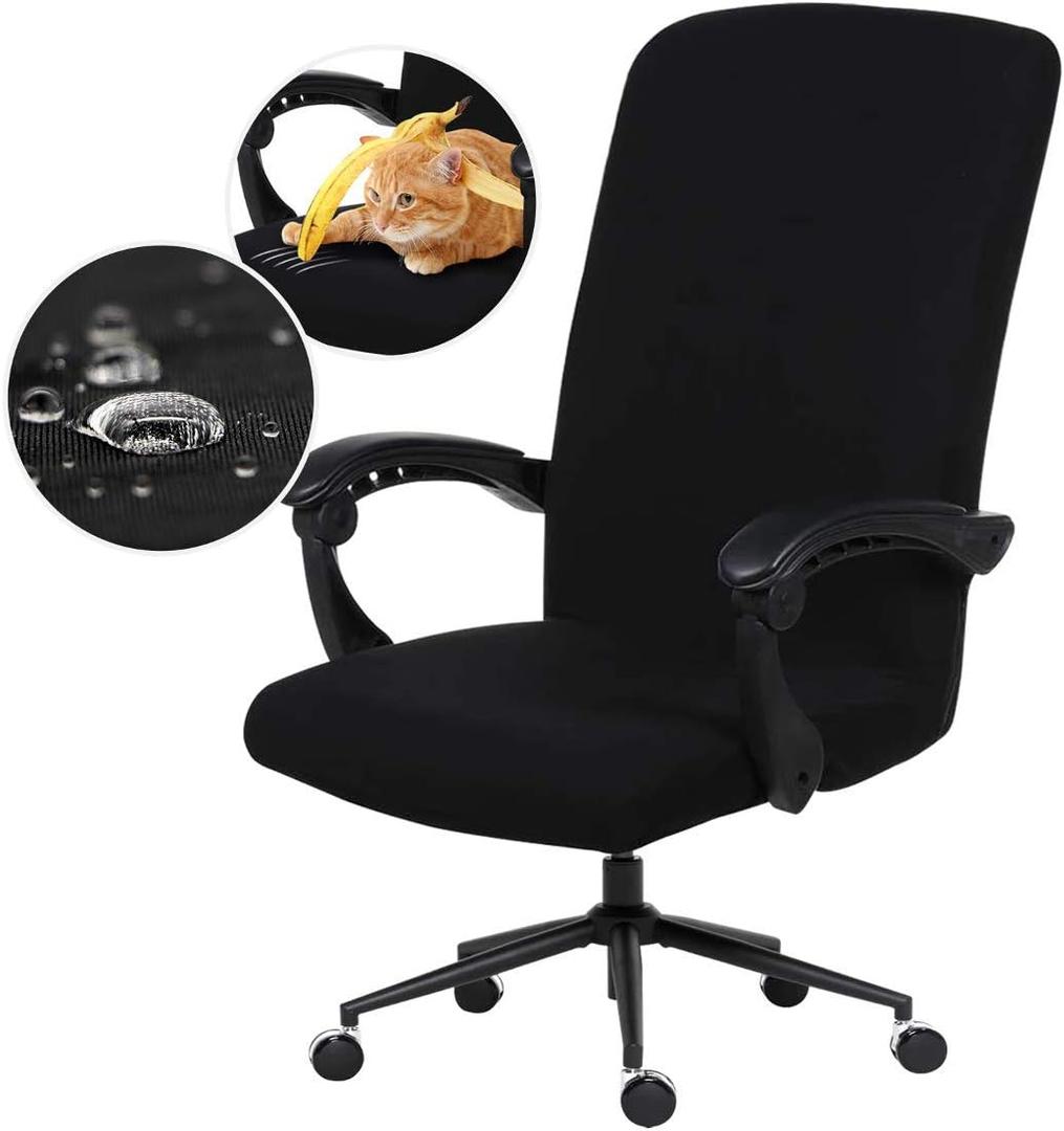 Water Resistant Stretch Computer Office Chair Cover with Durable Zipper Universal Washable Removable Spandex Rotating Boss Chair Slipcovers Anti-dust Soft Desk Chair Seat Protector for Dogs Cats Pets (Black)
