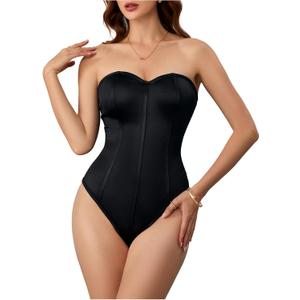 OYOANGLE Women's Silk Satin Bodysuit Sleeveless Strapless Tube Backless Solid Plain Slim Fit Bodysuit Tops (Medium, Black)