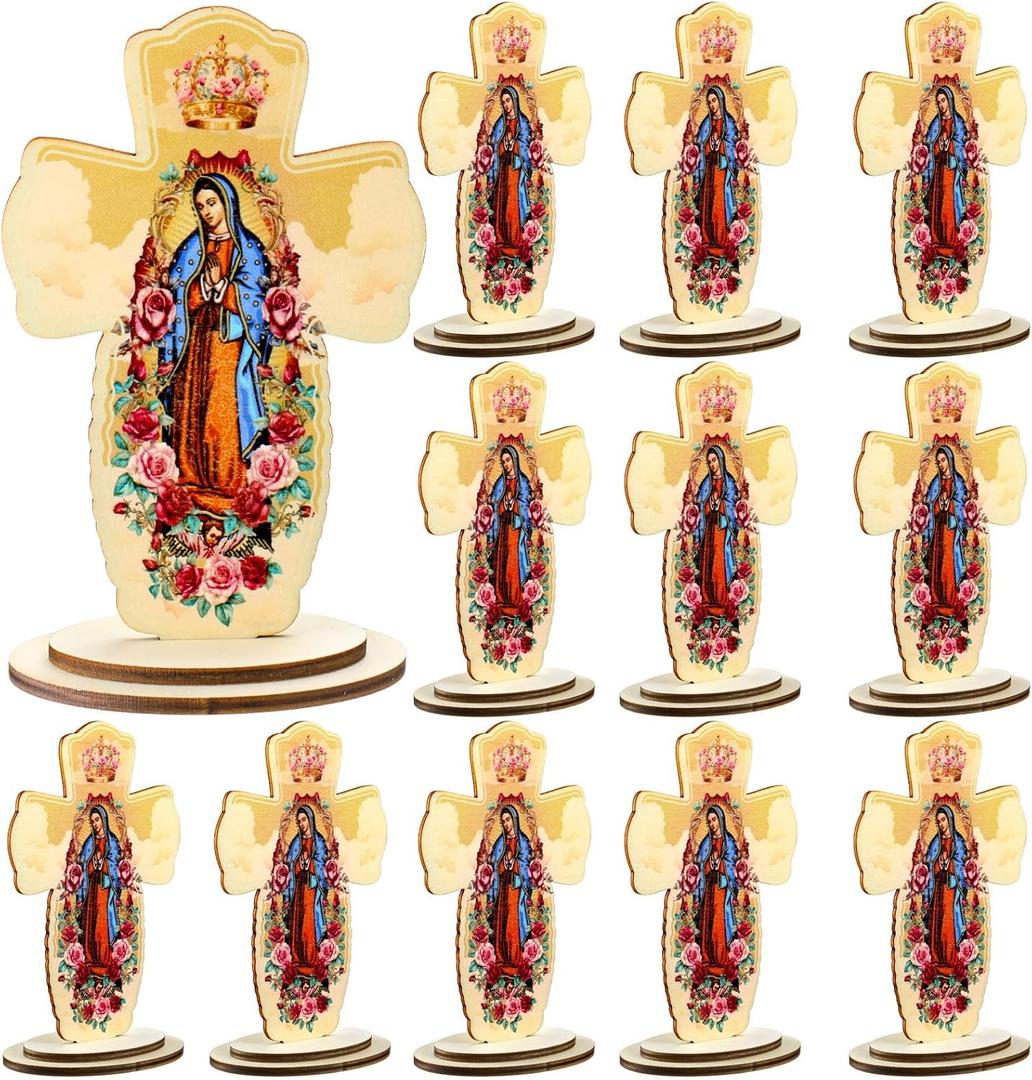 Amyhill 12 Pcs Virgen De Guadalupe Statue Bulk for Baptism Favor 6.5'' Religious Wooden Our Lady of Guadalupe Virgin Mary Figurine for Mothers Day First Communion Gift Recuerdos De Bautizo (Cross)