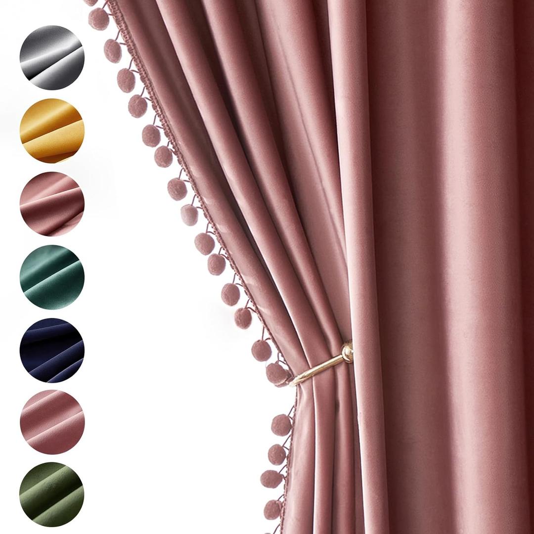 MIULEE Dry Rose Pink Pom Pom Velvet Curtains for Bedroom/Living Room Darkening Thermal Insulating 84 Inches Long Blackout Curtains with Rod Pocket for Girls Room/Nursery/Home Theater Set of 2