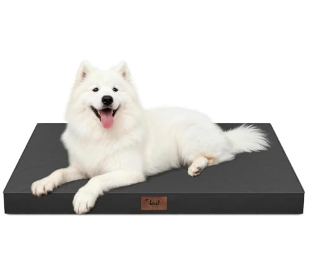 Tail Stories Outdoor Large Washable Dog Bed, Orthopedic Egg Crate Foam Dog Crate Mat for Large Dogs with Removable Oxford Cooling Cover, Black