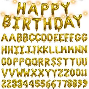 [85 PCS] 16" Foil Personalized Name Happy Birthday Balloons Letters, Mylar Aluminum Custom Name and Age Letter Balloons, 2 Sets A- Z & 0-9 for Birthday Party Graduation, Mother's Day Event (Gold)