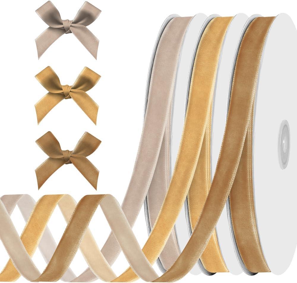 ALIBBON 3 Rolls 3/8 inch x 30 yd Brown Velvet Ribbon Khaki Grey Christmas Ribbon Bow for Tree Natural Solid Ribbons for Gift Wrapping Sewing Bows Crafts Bouquet Wedding Birthday Christmas Decorations