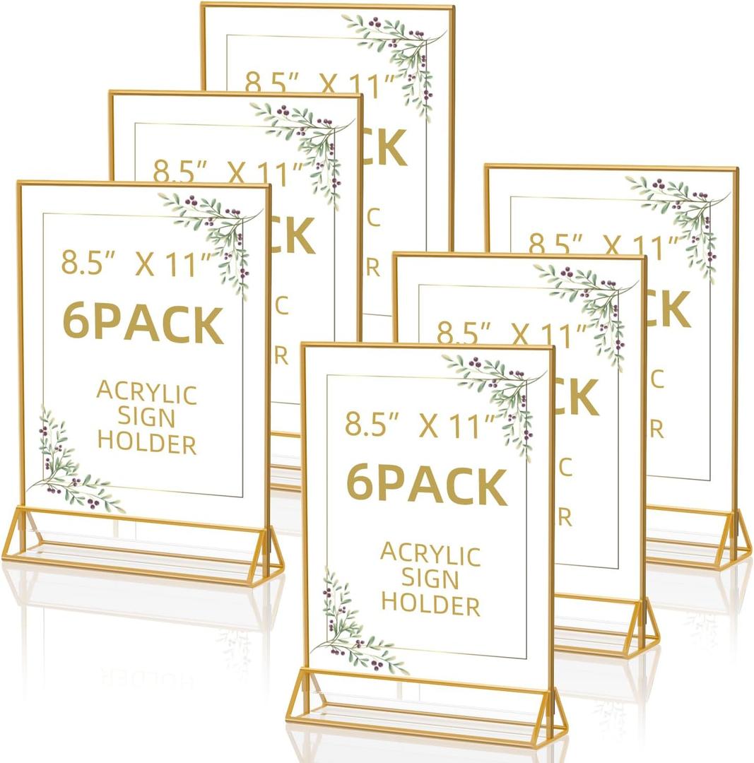 PPH-Sisy Acrylic Sign Holder 8.5X11 Clear Sign Holder,Double Sided Flyer Holder, Table Menu Holder Display Stand for Wedding Table Number (6pcs) (Gold)