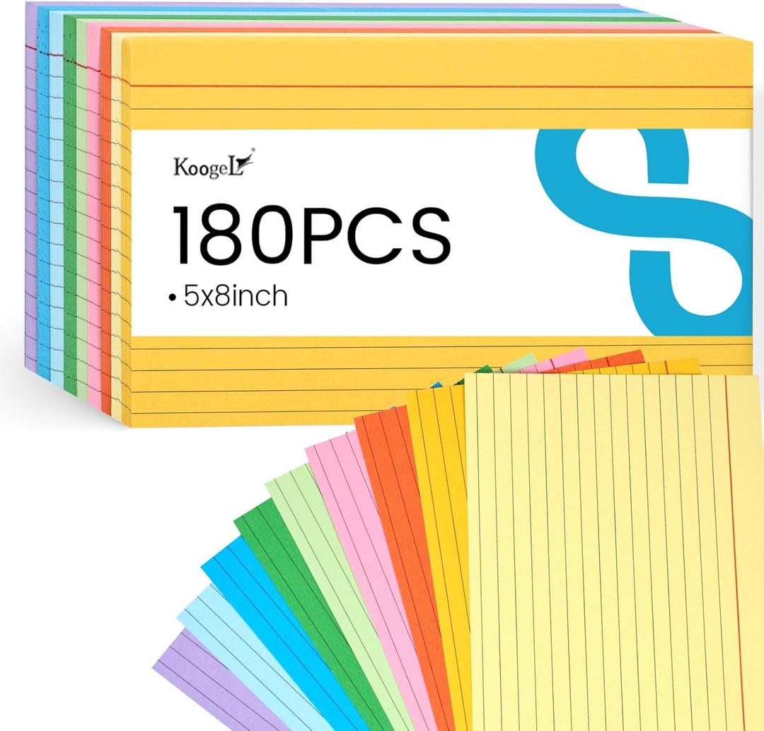 Koogel 180PCS Large Colored Index Cards, 5x8 Inch Lined Index Neon Colored Flash Cards with Both Sides Notecards for Back To School Studying School Classroom Note Taking Recipes Supplies