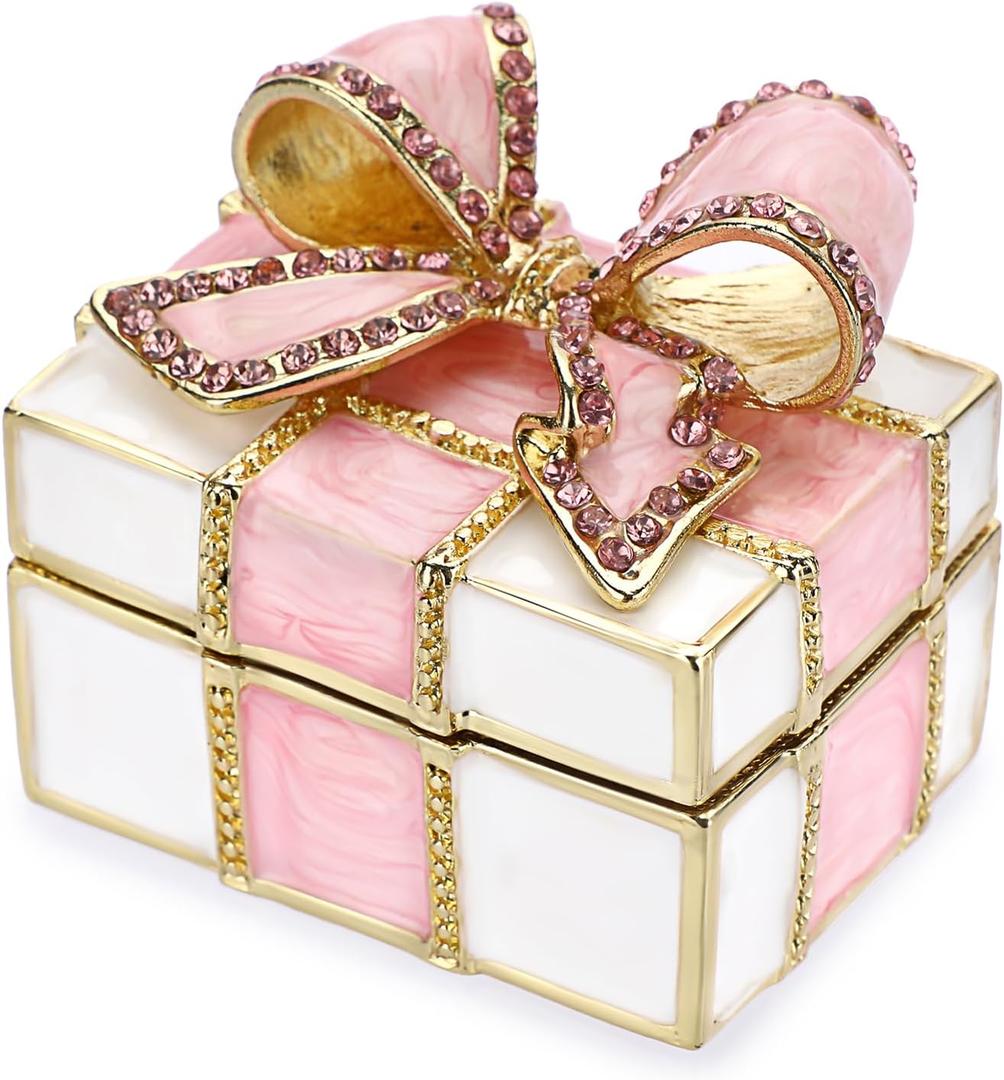 ELLDOO Mini Trinket Box, Bow-knot Gift Box Style Hinged Jewelry Box Vintage Metal Enameled Decorative Box Ring Earrings Jewelry Organizer Gift Box for Women Girls, Pink