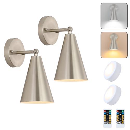 MWZ Brushed Nickel Battery Operated Wall Sconces Set of Two,Wireless Lighting with Remote Control, Modern Dimmable 2 Color Temperatures Adjustable Angle Wall Mount Lamp with Silver Metal Shade