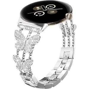 Bling Metal Band, Compatible for Google Pixel Watch 3 41mm/2/1 Watch Band, Diamond Butterfly Stylish Women Strap Replacement for Pixel Watch 3 41mm/2/1 Smartwatch (Sliver)