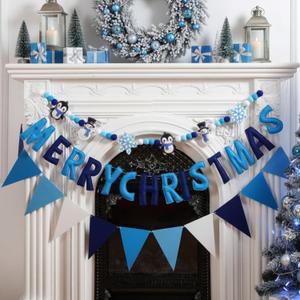 VitalCozy 3 pcs Pre Strung Merry Christmas Banner Felt Merry Christmas Garland Felt Pennant Flag Xmas Sign Outdoor Indoor Decoration for Holiday Party Supplies Home Porch(Blue, White, Winter)