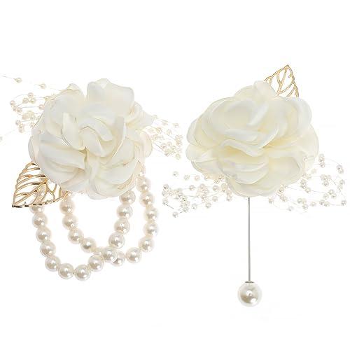 NuFlySic 1PCS Rose Wrist Flower Corsage Boutonniere Set Bridal Corsage Bracelet Bridesmaid Pearl Leaf Wrist Flower for Wedding Party Prom Homecoming Girl Hand Flower Decoration