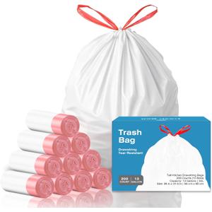 KUK 13 Gallon Tall Kitchen Drawstring Trash Bags, Unscented, White, 200 Count, Tear-Free Individual Garbage Bags, Tear-Resistant, Leak Proof, Garbage Bag for Kitchen, Home Office 2