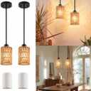 Rattan Pendant Light, 6 Inch 2-in-1 Boho Hanging Fixture with Iron Rods & Linen Shade, Adjustable Height & Sloped Ceiling Compatible for Kitchen Island Dining Room Farmhouse Bedroom, 2 Pack