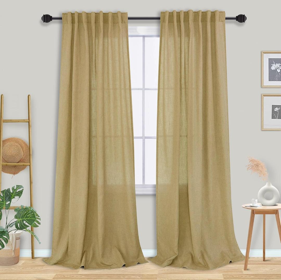 Mrs.Naturall Tan Light Brown Curtains 2 Panels,Linen Sheer Western Rustic Country Burlap Curtains Farmhouse for Living Bedroom,Khaki Camel Colored