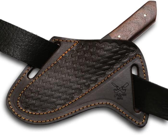 Leather Knife Sheath For Belt - Slanted Pancake Sheath, Tooled Leather Cover - Dark Brown
