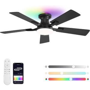 ZMISHIBO 42 Inch Ceiling Fans with RGB Lights, Low Profile Flush Mount Ceiling Fan with App&Remote Control, Dimmable 20W LED Light, Black Modern Fan for Living Room, Bedroom, Game Room