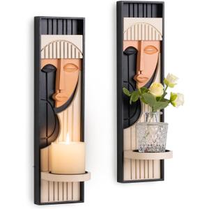 Modern Art Wall Candle Holder, Abstract Face Candle Sconce Set of 2, Wall Decor, 16.5 x 4.33 Inch (Boho) (Black,pink)
