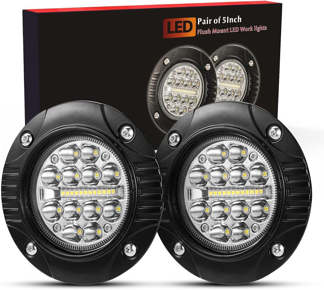 BUNKER INDUST Flush Mount LED Light Pods 5 Inch LED Work Light Bar Pair 48W Driving Bumper Lights Flood Spot Combo Off Road Fog Lights Waterproof for Tractor Truck ATV UTV Golf Cart